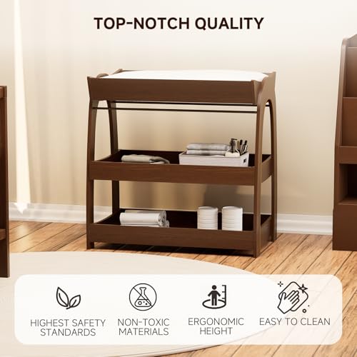 Image of Baby Changing Table, Wood Diaper Changing Table with 2-Tier Storage Shelves, Wooden Baby Changing Station for Nursery, Modern Changing Table Dresser