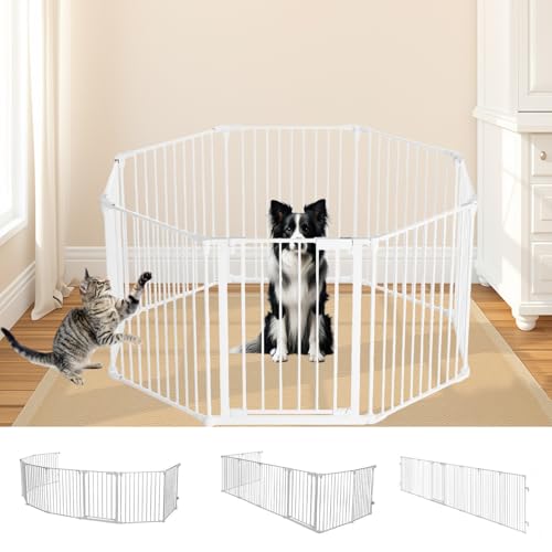 NODIBRO ペットサークル 折りたたみ ドア付きゲート 形組み換え可能 犬 サークル 室内 置くだけ 犬用 小型犬 中型犬 老犬 多頭飼い 六角形 長方形 広々 丈夫日本語取扱説明書付き (ホワイト, 特大, 8)