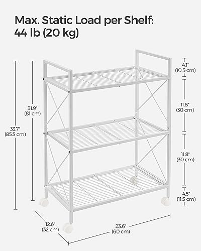 Image of SONGMICS 3-Tier Metal Storage Rack with Wheels, Mesh Shelving Unit with X Side Frames, 23.6-Inch Width, for Entryway, Kitchen, Living Room, Bathroom, Industrial Style, White UBSC163W01