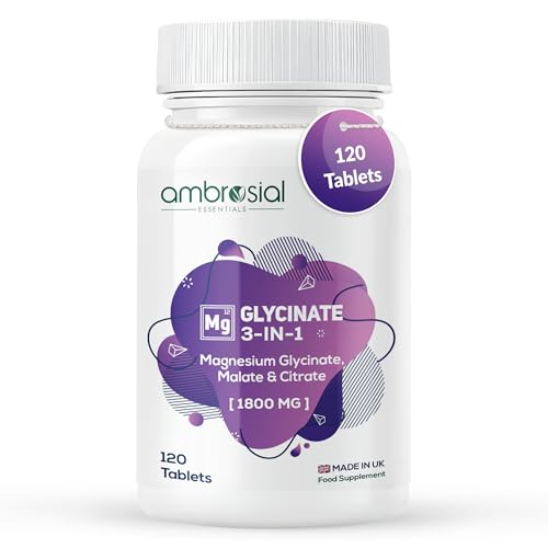 Ambrosial Magnesium Glycinate 3-in-1 Complex 1800mg Glycinate 1000mg Citrate 400mg & Malate 400mg | 384mg Elemental Magnesium | Vegan Daily Magnesium Support | 120 Tablets