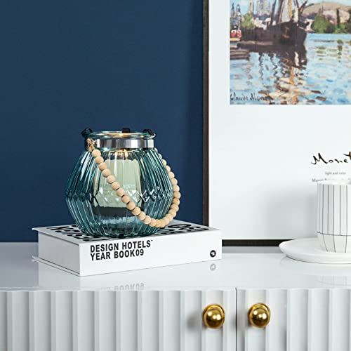 Diamond Star Glass Candle Lantern Decorative Candle Holder Outdoor Table Lantern With Wooden Bead Handle (Blue) #TOP3