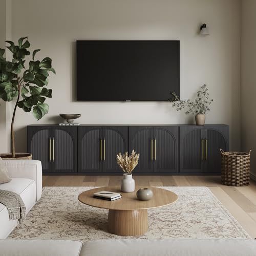 Image of Belleze 4-Piece Modular TV Stand Set -Fluted Entertainment Center with Double-Arc Door,Modern Sideboards With Storage and Adjustable Shelves,Classic Media Console Table Cabinet For Living Room (Ebony)