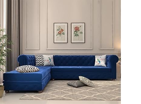 Image of Solid Wood Velvet Fabric L Shape Sofa Sofa for Living Room Button Tufted Sofa Chair for Home & Office (Left Aligned L-Shaped (Right Aligned L-Shaped Blue)