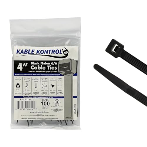Kable Kontrol Cable Zip Ties 100 Pcs 4 Inch Black, 18 Lbs Tensile Strength, Self-Locking UV Resistant Plastic Nylon Wire Ties, for Indoor or Outdoor Use