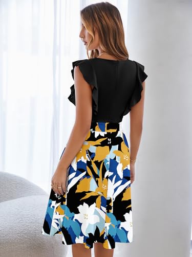 Image of YATHON Women's Vintage Ruffle Sleeve Floral A Line Cocktail Party Dresses