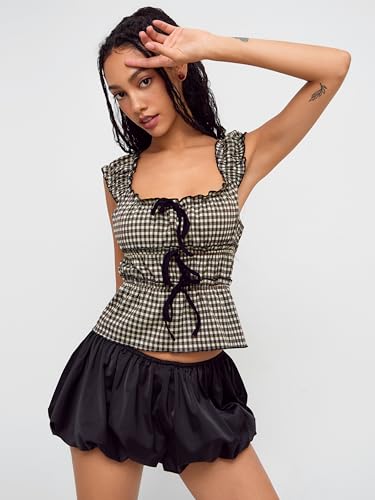 CIDER Womens Tops Square Neck Cotton Blend Gingham Bowknot Tops Short Sleeve Casual Top Daily Top3