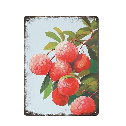 Póster de lichis con gouache, diseño de fruta, obra de arte, colorido, vintage, letreros de hojalata, decoración única para el hogar, decoración de pared, póster de metal para habitación, 20 x 30 cm