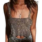 deladola Rhinestones Crop Top Gold Sparkly Crystal Tank Tops Backless Summer Beach Outfit for Women and Girls (Black)