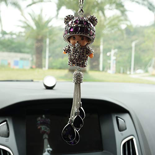 Royalfox(TM Luxury 3D Bling Hanging Crystal Doll with Charm Car Ornament Decor Rear View Mirror Decoration Bling Car Accessories for Women Girls Interior Decorations Car Home Decor (Purple)