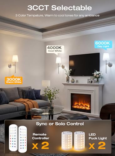 Image of CLOUDY BAY 10000mAh Battery Operated Wall Sconces,Up to 100 Hours with Rechargeable RGB Dimmable Magnetic Bulb,Cordless Wall Lighting Fixtures with Remote for Bedroom,Brushed Nickel,2 Pack-18.6inch