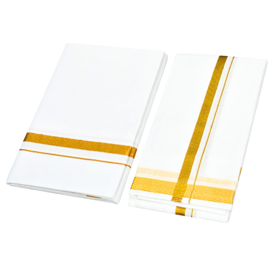 TRADITIONAL SOUTH INDIAN MENS COTTON 4-MULAM WHITE DHOTI WITH GOLD ZARI BORDER WITH SINGLE BORDERED ANGAVASTRAM (2.00 METER, SINGLE PIECE)-picture-14