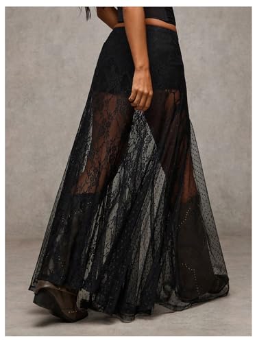 MakeMeChic Women's Floral Lace Sheer Split Thigh A Line Ruffle Summer Maxi Skirts2