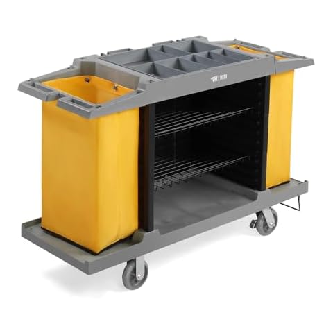LEADZM Premium Hotel & Housekeeping Cart on Wheels, 154LBS Multifunctional Commercial Cleaning Cart with Large Capacity Vingyl Bags, Comfor Grip Handles and Easy Move Casters, Gray Cover