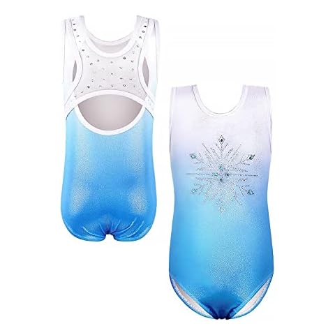 EQSJIU Girls Leotards For Gymnastics Size 6 6-7 7-8 Years Old Snowflake Blue White Gradient Colors Rhinestones Diamond Lace Sparkly Cover