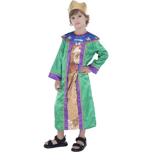 Sincere Party Christmas Nativity Wise Man Costume for Kids Xmas King Dress Up with Fabric Crown Green 3-4 years - Image 2