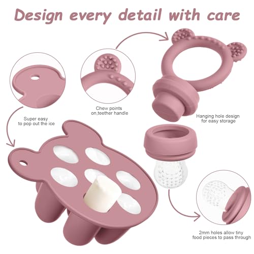 Aolso Comedero de Frutas, Moldes de Paletas Leche Materna, Alimentador de Silicona Sin BPA para la Autoalimentación Segura, Bandejas para Congeladores de Alimentos-Beige Mao - imagen 5