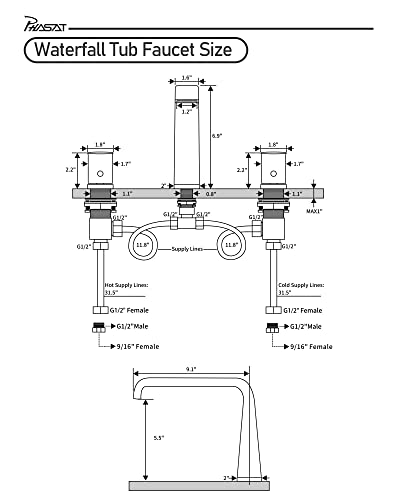 Phasat Roman Tub Faucet With Waterfall Spout,2 Handles 3 Holes Deck Mount Widespread Tub Filler,Bathroom Waterfall Bathtub Faucet With High Flow Rate,Brushed Nickel,Pu5L01 #TOP5
