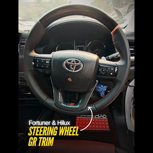 Image of KMH Carbon Fiber GR Steering Wheel Trim Compatible with Toyota Fortuner, Hilux & Hycross 2015 Onwards - Premium Sports Car Interior Accessories, Durable Stylish Carbon Finish, Black - Pack of 1