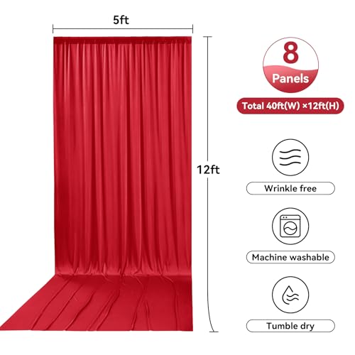 Image of 8 Panels 5x12ft Red Backdrop Curtains for Wedding Parties, Wrinkle Free Polyester 12 ft Long Photo Backdrop Drapes Back Drop Cloth for Birthday Christmas Ceremony Photography Background