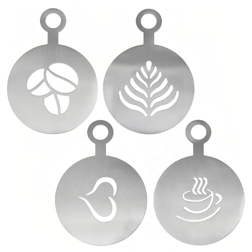 Coffee Stencils Set of 4 Stainless Steel Cake Templates Barista Accessories for DIY Cake Decorating in Kitchen Store Latte and Cappuccino Art, Silver