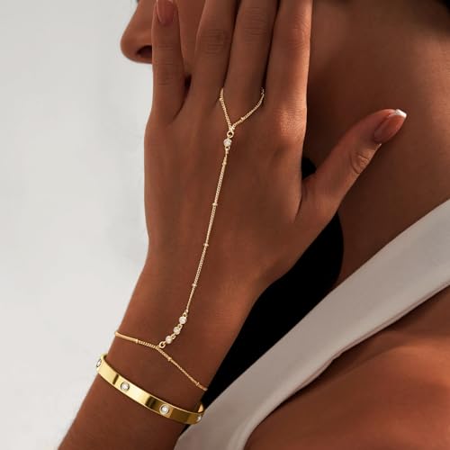 My Queen Gold Bracelets for Women 14K Gold Plated Dainty Stackable Hand Chain Bracelet Trendy Ring Chain Bangle Cuff Bracelets Adjustable Body Jewelry Set Gifts3