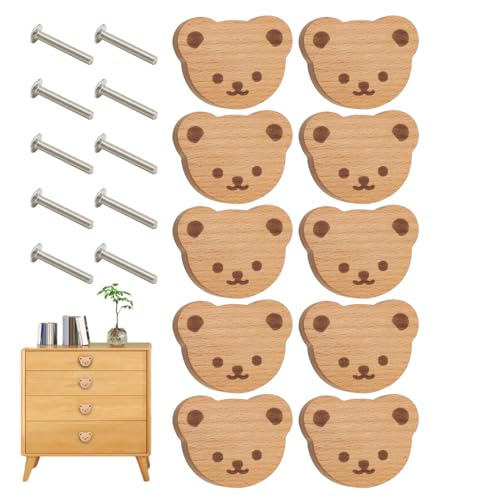 Kaxenig Poignées De Tiroir, Poignée De Commode Ours, Lot De 10 Boutons D'armoire En Bois Animaux Avec Vis, Pour Chambre D'enfant, Commode, Tiroir, Placard