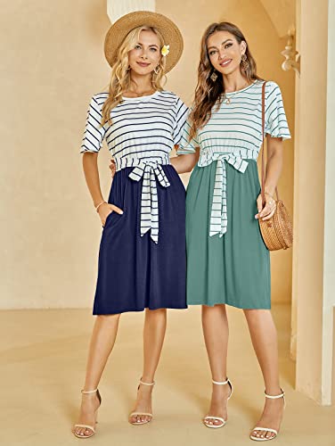 Merokeety Women's Summer Striped Ruffle Sleeves Tie Waist Crew Neck Casual Swing Midi Dress Navy #TOP3