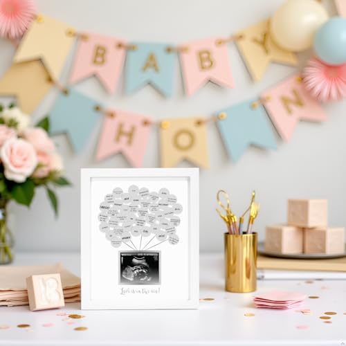 Pearhead Baby Shower Signature Guest Book Picture Frame with Balloon Stickers, Sonogram Photo Display 5 x 4, Gender-Neutral Nursery Keepsake Decor, White