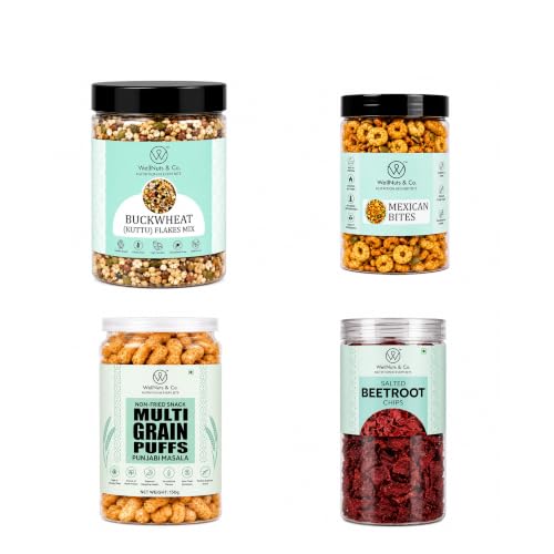 Image of WellNuts & Co. Healthy Snack Combo Pack of 4 |Buckwheat Flakes Mix - 200g, Mexican Bites - 200g, Multigrain Puffs Punjabi Masala - 200g, Salted Beetroot Chips - 150g| Roasted & Ready to Eat Snacks | High Protein & High Fiber Combo | Snacks for Healthy Everyday