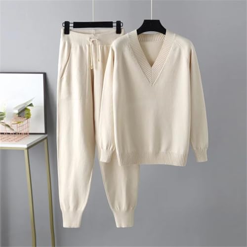 Women Knit Loose 2 Pieces Sets V-Neck Sweater Pullover Tops High Waist Harem Pants Outfit2