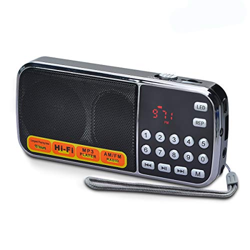 Radio Portatil Pequeña Recargable Am/FM, Reproductor de TF/USB/AUX, estación de escaneo/Almacenamiento automático, Antena Oculta, Linterna de Emergencia, Altavoz de Graves 3W (Negro) Cover