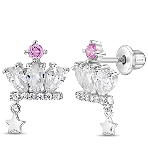 925 Sterling Silver White-Pink Cubic Zirconia Princess Crown Earrings Set With Screw Back Locking for Young girls and Pre Teens Royal and Party Attires