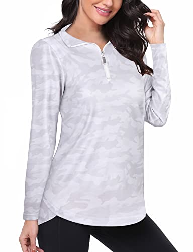 Koscacy V Neck Top Women, Golf Tennis Shirt Breathable Zipper Running Workout Outdoor Tops Yoga Biking Daily Casual Wear Aline Soft Shirts Camo White Large #TOP9