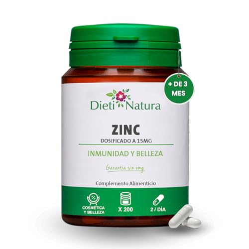 Dieti Natura 200 Cápsulas de Zinc para Fortalecer el Sistema Inmunológico, Mejorar la Salud de Piel y Cabello y las Funciones Cognitivas - Pastillas para el Crecimiento de Cabello para Mujer y Hombre