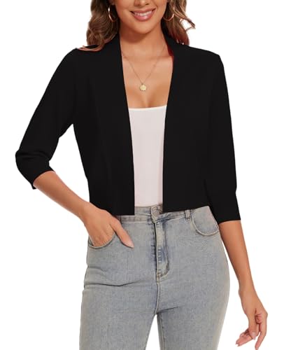 Image of Women 3 /4 Sleeve Cropped Cardigan Lightweight Casual Open Front Bolero Shrug Sweaters