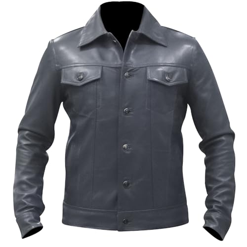 Image of Men's Genuine Leather Trucker Jacket Vintage Motorcycle Black Western Biker Slim Fit Trucker Jacket