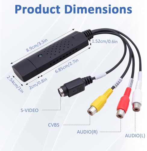 Kryolithm VHS auf USB 2.0 Video Grabber, VHS Digitalisieren Gerät Konverter, 1080P Video Capture Device, Audio Video Grabber Konverter für Mac, Windows 2000, XP, WIN7/8/10/11, Vista