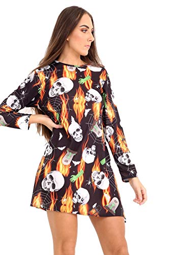 Candid Styles Womens Ladies Halloween Skeleton Bones Hand Print Bodycon Dress 8-26 Girls Vintage Pumpkin Costume Novelty Party Tunic Cosplay Fancy Dress Outfit (S/M 8-10, Fire Skull)