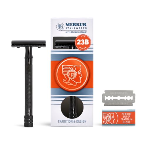MERKUR 23B Double Edge Safety Razor - Black Long Knurled Brass Handle Made in Germany Plastic-Free Three Piece Design Closed Comb Straight Bar