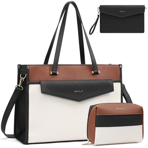 Keyli 3pc Sets Laptop Bag for Women, 15.6 Inch Lightweight Work Tote Bags Waterproof Leather Professional Computer Briefcase Shoulder Handbag Beige Crossbody Purses for Business, Office, Travel