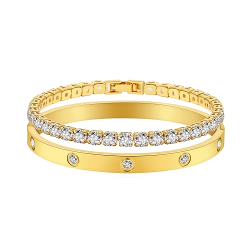 Jade cabbage Gold Bracelets for Women 18K Gold Plated Love Friendship Bracelet With Cubic Zirconia Cuff Bangle Jewelry Set Witness the Gift of Love (6mm gold 2pcs-B Large 7"), 7 inches, Stainless