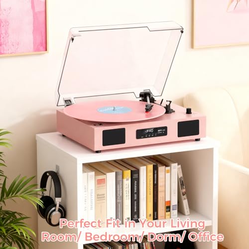 Image of Vinyl Record Player Bluetooth Turntable with Built-in Stereo Speakers USB Recording 3 Speeds Belt Drive Turntables Support RCA Output, LED Display, EQ, Pink