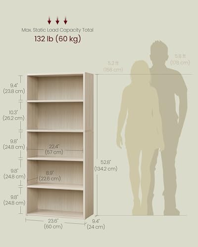 VASAGLE Custos Collection - Bookshelf, 5-Tier Bookcase, Book Shelf, Open Storage Shelf, 9.4 x 23.6 x 52.8 Inches, for Living Room, Home Office, Dinning Room, Natural Beige ULBC165L01