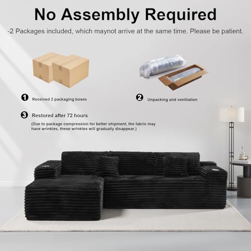 Image of Cloud Sofa Sectional Couch with L-Shape Chaise, Modern Corduroy Boneless Modular Sofa with Cup Holder for Living Room and Apartment, Deep Seat Floor Couch No Assembly (Black, Right Facing Chaise)