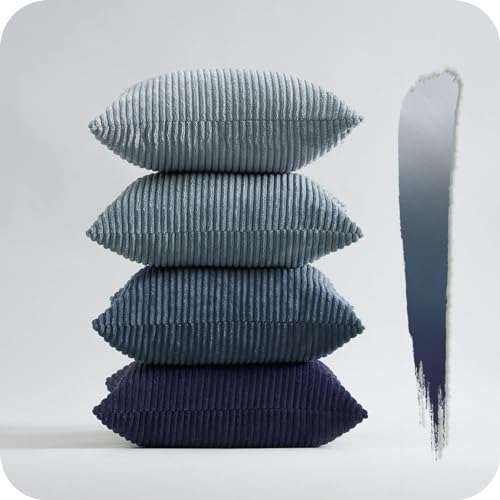 Topfinel Kissenbezug blau 40x40 4er Set Kordsamt Kissenbezüge Kissenhülle Dekokissenbezug sofakissen dekokissen deko für Sofa Schlafzimmer Wohnzimmer Balkon Kinder flauschig Farbverlauf, Gestreift