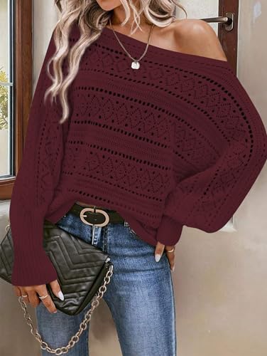 Image of Cakulo Womens Off Shoulder Sweater Top Fall Outfits Fashion 2025 Oversized Knit Batwing Long Sleeve Crochet Pullover Sweaters