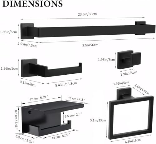 GFTIME 10-Pieces Matte Black Bathroom Accessories Set, 24 Inch Wall Mounted 10 Pieces 304 Stainless Steel Bathroom Hardware Set, Bath Towel Bar Set, Toilet Paper Holder, Towel Ring, Towel Hook - Image 3