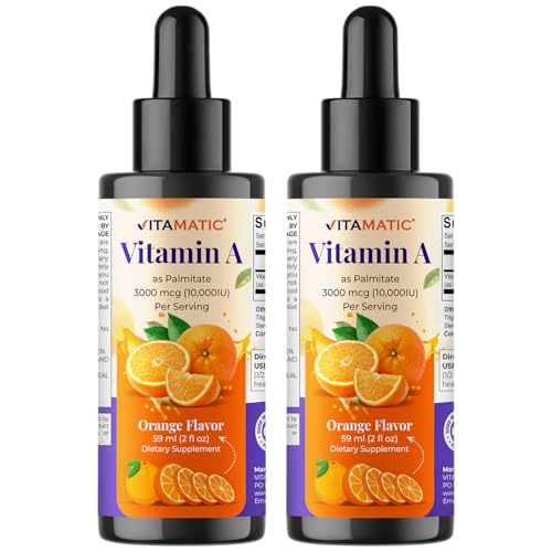 Vitamatic Sugar Free Vitamin A Liquid Drops 10000 IU (3000 mcg) as Retinyl Palmitate - Approximate 4 Months Supply - Immune Support Eye Health Skin Health - 2 FL OZ (59 ml) (2 Packs)