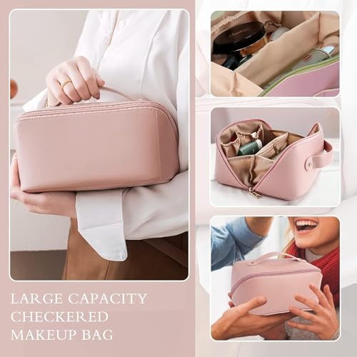Image of ANGENIL Makeup Pouch Bag, Travel Pouches for Women, Vanity Bag for Women Latest, Cosmetic Organizer, Travel Toiletry Bag, Mini Makeup Bag and Skincare Pouch, Leather Vanity Bag (Pink, Medium)