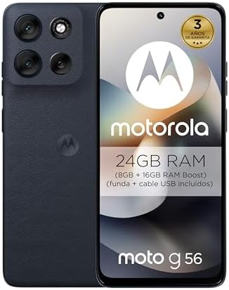 Moto g56 5G 24GB (8GB+16GB RAM Boost)/256GB Negro, Durabilidad Militar, IP68/69, Corning® Gorilla® Glass 7i, Pantalla 6.72" Full HD+, Cámara 50 MP con Moto ai,Batería 5200 mAh,Carga TurboPower™ 30W